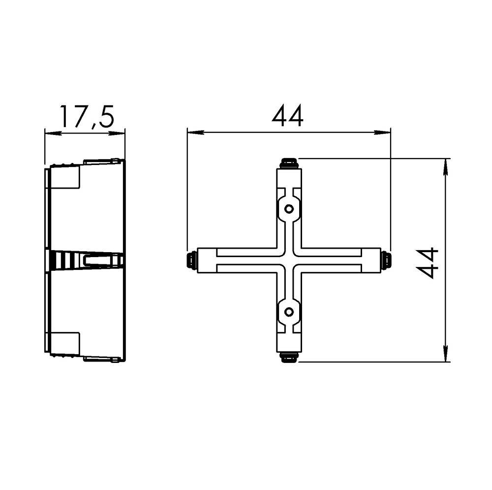Technische Zeichnung eines T-förmigen Verbinders mit Maßen: Höhe 17,5 mm, Breite 44 mm, Länge 44 mm.