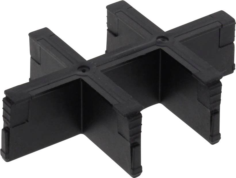 Ein schwarzes, kreuzförmiges Kunststoffteil, das als Abstandshalter verwendet wird. Es hat vier gleich große, symmetrische Arme.