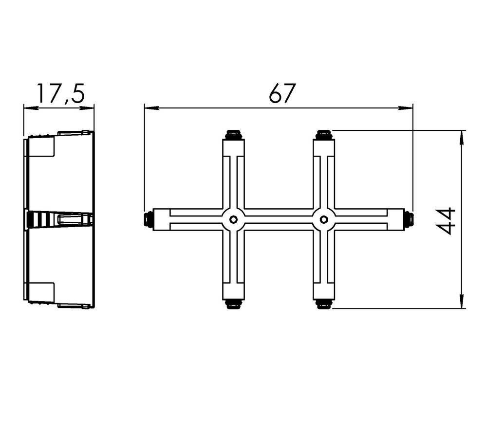 Technische Zeichnung eines kreuzförmigen Steckverbinders mit Seitenansicht. Maße: 67 mm Breite, 44 mm Höhe, 17,5 mm Tiefe.