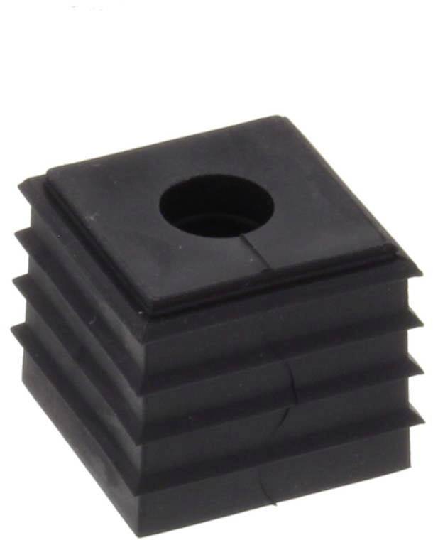 Schwarze quadratische Kunststoff-Endkappe mit mittigem Loch, gerillte Seiten zur Befestigung an Möbelbeinen oder Rohren.