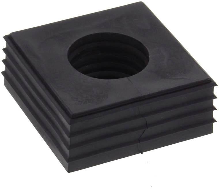 Quadratische schwarze Kunststoffkappe mit runder Öffnung in der Mitte und gerippten Seiten, wahrscheinlich für Schutz oder Abdeckung.