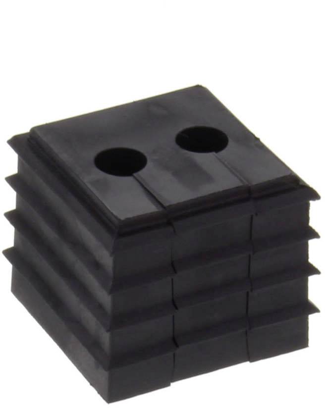 Ein schwarzer, gestapelter Gummipuffer mit zwei runden Löchern, wahrscheinlich zur Aufnahme von Stäben oder Schrauben geeignet.