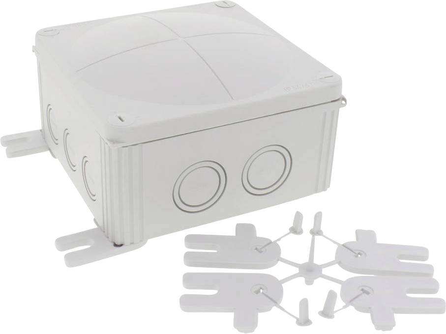 Elektronikgehäuse aus Kunststoff mit abnehmbarer Abdeckung; daneben Kunststoffklemmen zur Kabelbefestigung.