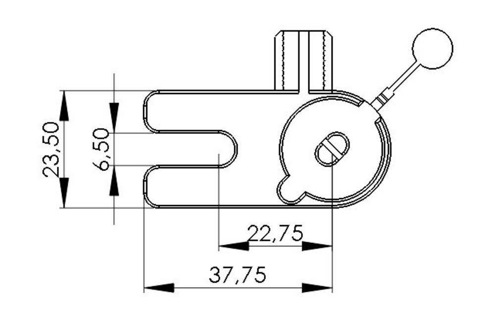 Technische Zeichnung einer Metallklemme mit Maßen: Höhe 23,50 mm, Breite 37,75 mm, Tiefe 6,50 mm. Hebelgriff rechts oben.