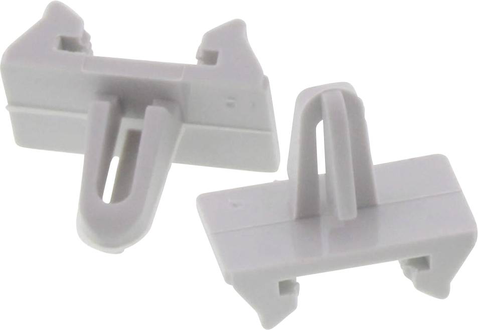 Zwei weiße Kunststoffteile mit Haken und Clips. Sie sind wahrscheinlich Teil eines Bau- oder Montagesystems.