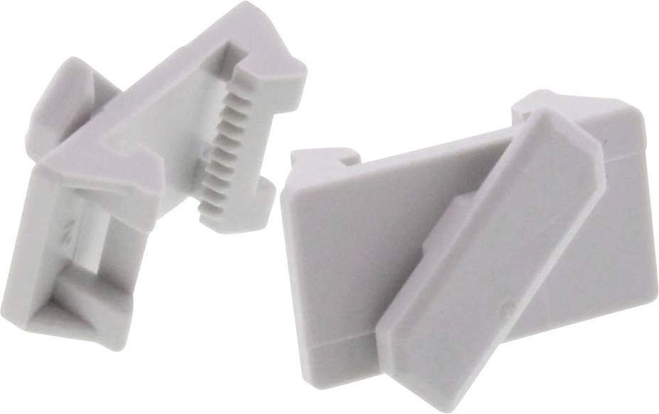 Zwei graue Kunststoff-Clips mit ineinandergreifenden Zähnen, möglicherweise für Kabelmanagement oder zur Halterung von Gegenständen.