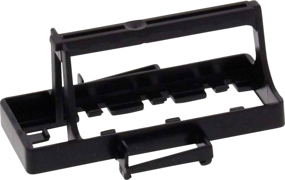 Schwarzer Kunststoffhalter, vermutlich für die Sicherung oder Aufnahme von kleinen Gegenständen, Detailaufnahme auf weißem Hintergrund.