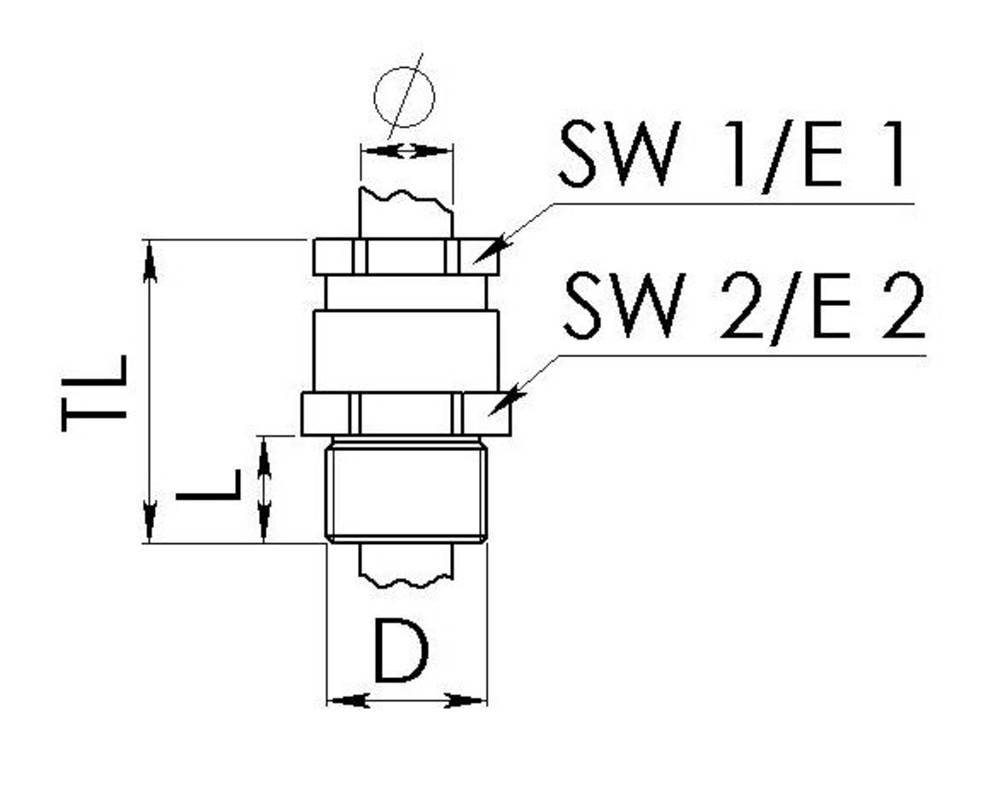 Technische Zeichnung einer Komponente mit Maßen TL, L, und D. Beschriftungen 'SW 1/E 1' und 'SW 2/E 2' kennzeichnen verschiedene Abschnitte.