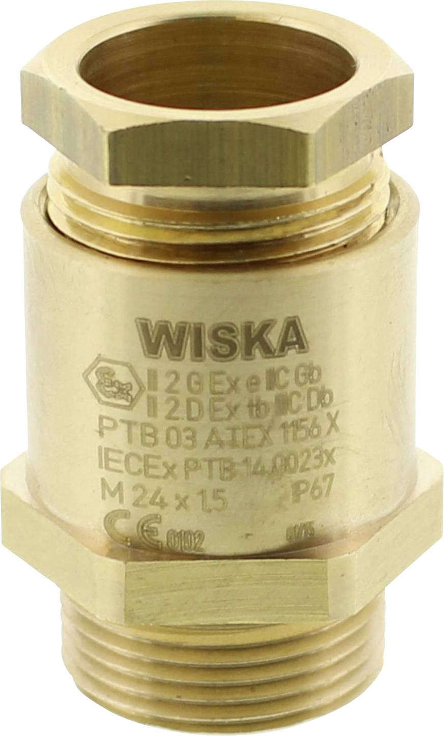 Ein goldfarbenes Metall-Kabelverschraubung mit der Aufschrift 'WISKA', seinen Ex-Schutz-Kennzeichen, Modelle und Zertifizierungen.