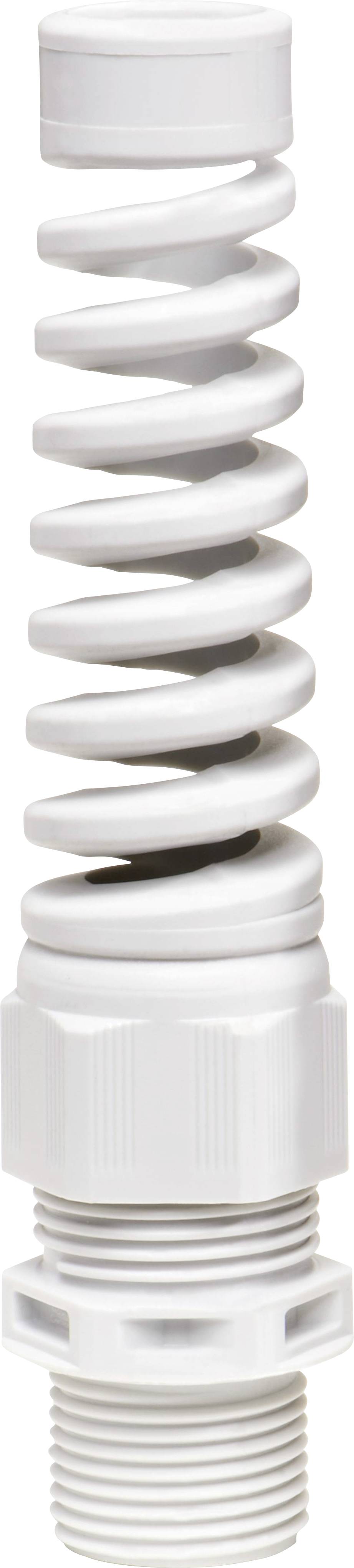Weiße, spiralförmige Kunststofffeder mit Gewinde an einem Ende. Verwendet in mechanischen Anwendungen zur Spannungsverteilung.