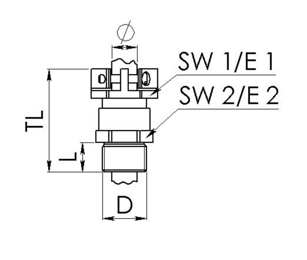 Technische Zeichnung eines mechanischen Bauteils mit Maßangaben. Beschriftet mit 'SW 1/E 1', 'SW 2/E 2'. Maße: TL, L, D. Oben Mitte wird ein Durchmesser angezeigt.