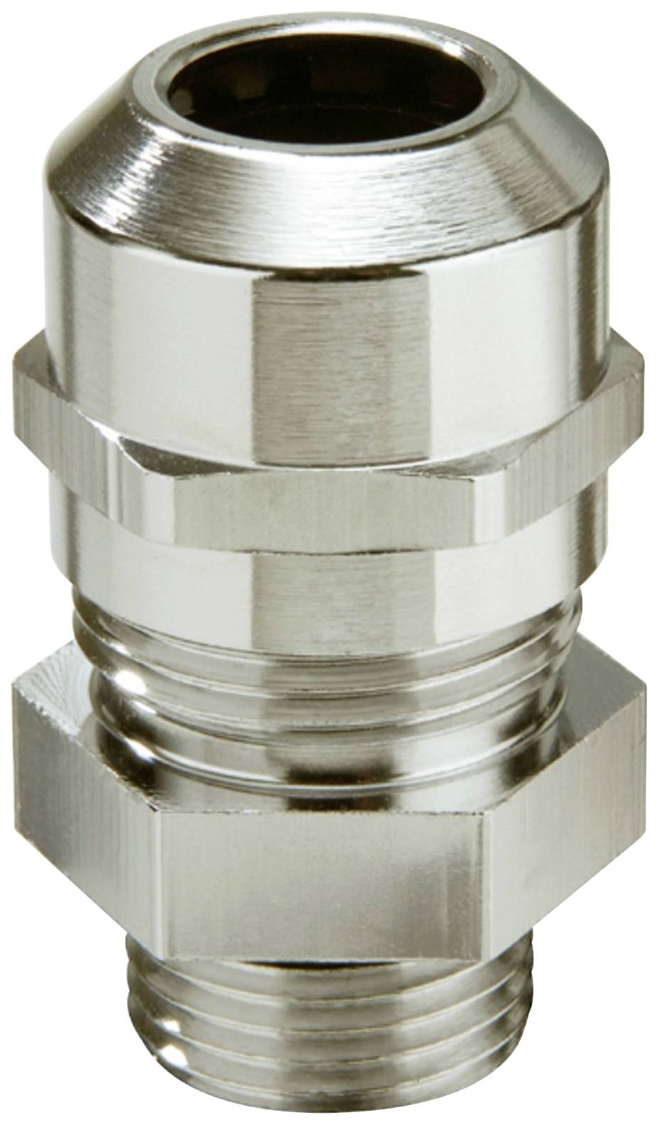 Ein silberner Metallverschraubung, geeignet für Kabelverbindungen, zeigt eine geriffelte Mutter zur Befestigung und Abdichtung.