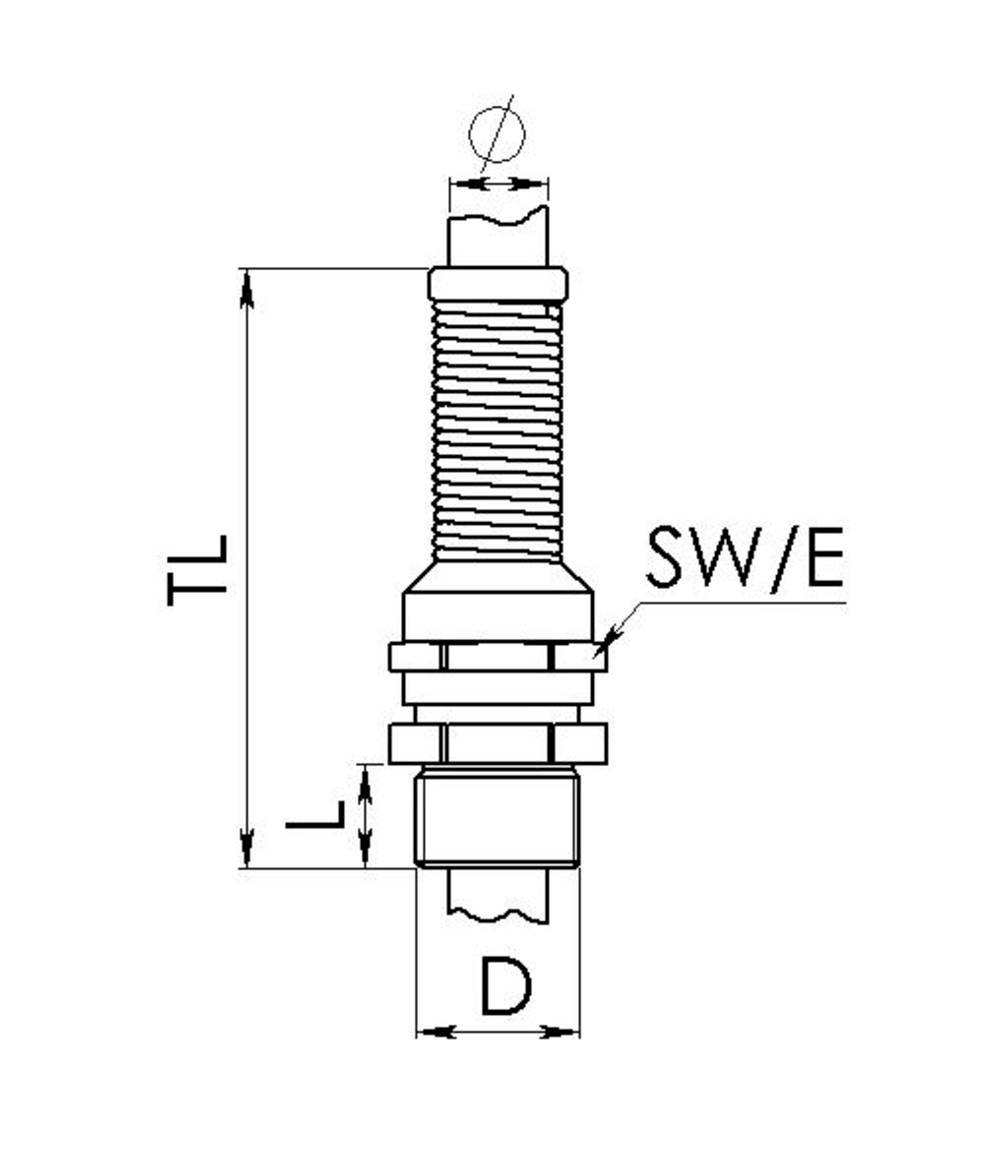 Technische Zeichnung einer Schraube mit Gewinde, Maßangaben TL, SW/E und D hervorgehoben, keine weiteren Kontextelemente.