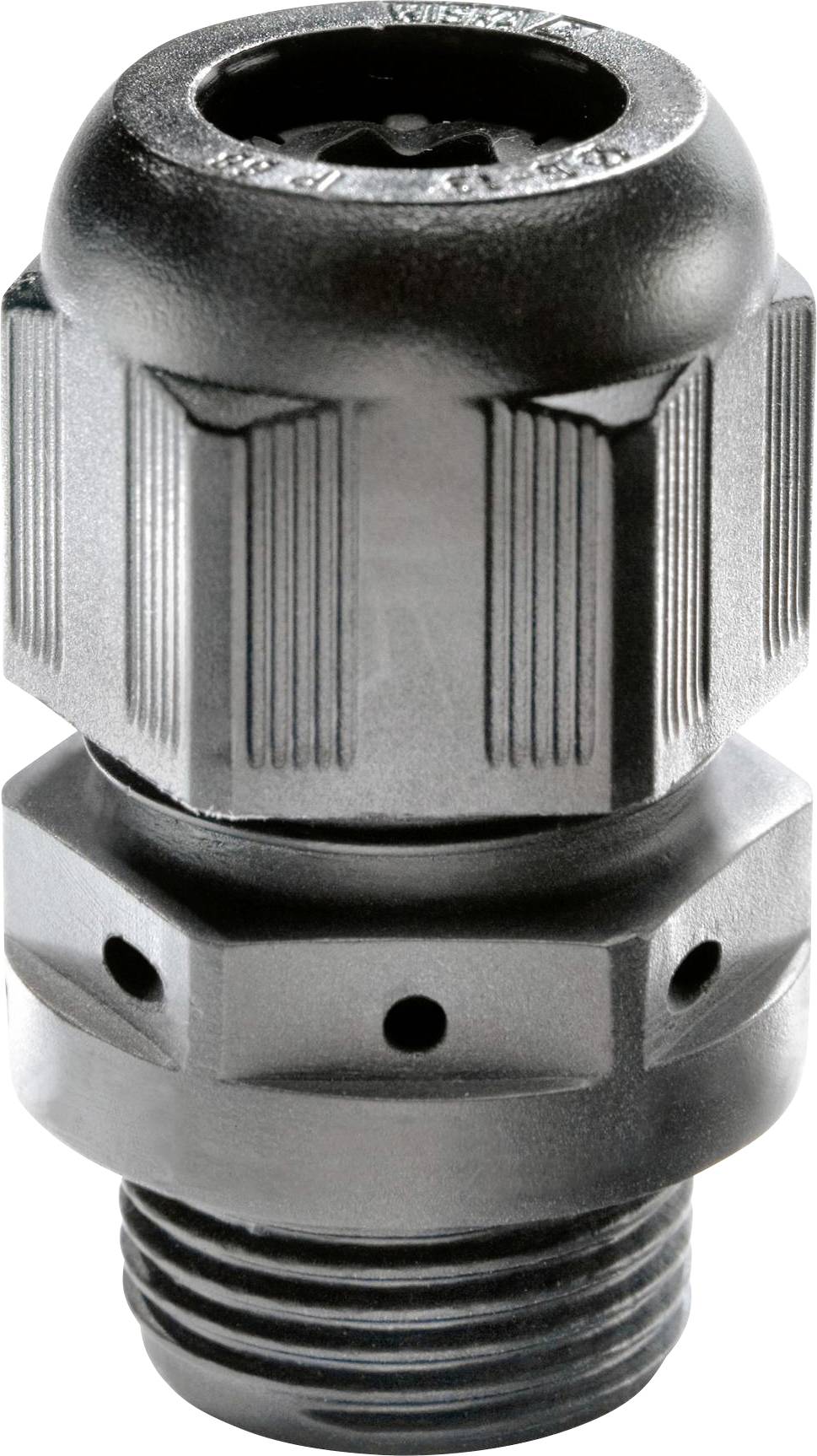 Das Bild zeigt eine schwarze Kabelverschraubung mit gerippter Oberfläche, bestehend aus mehreren Teilen, zur Kabelbefestigung und Schutz.