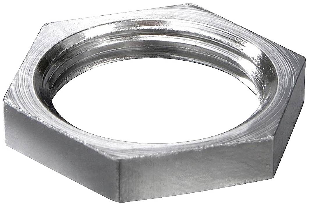 Eine silberne sechseckige Metallmutter, die flach auf einer weißen Oberfläche liegt.