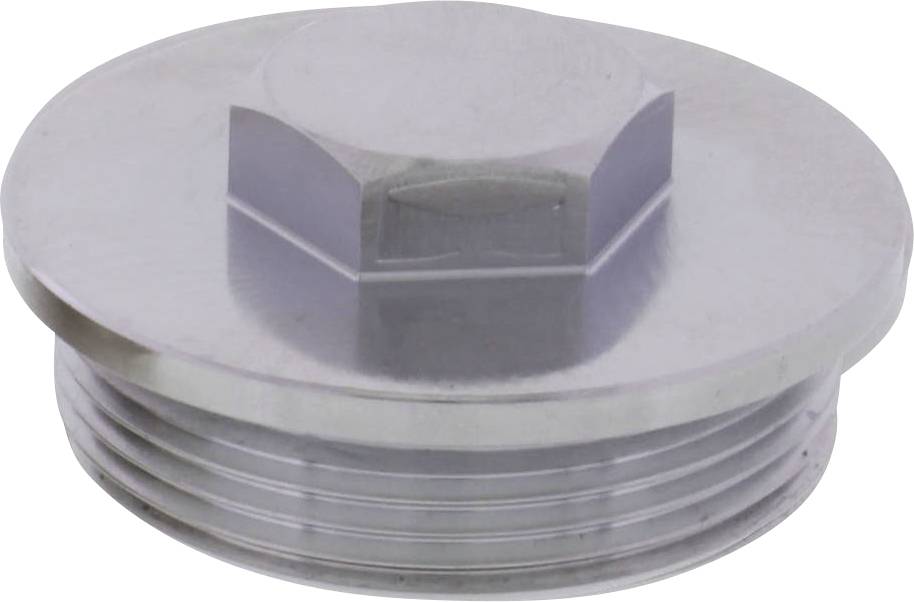 Runder, silberner Metallverschluss mit sechseckigem Mittelteil und Gewinde, möglicherweise für technische Anwendungen oder Maschinen.