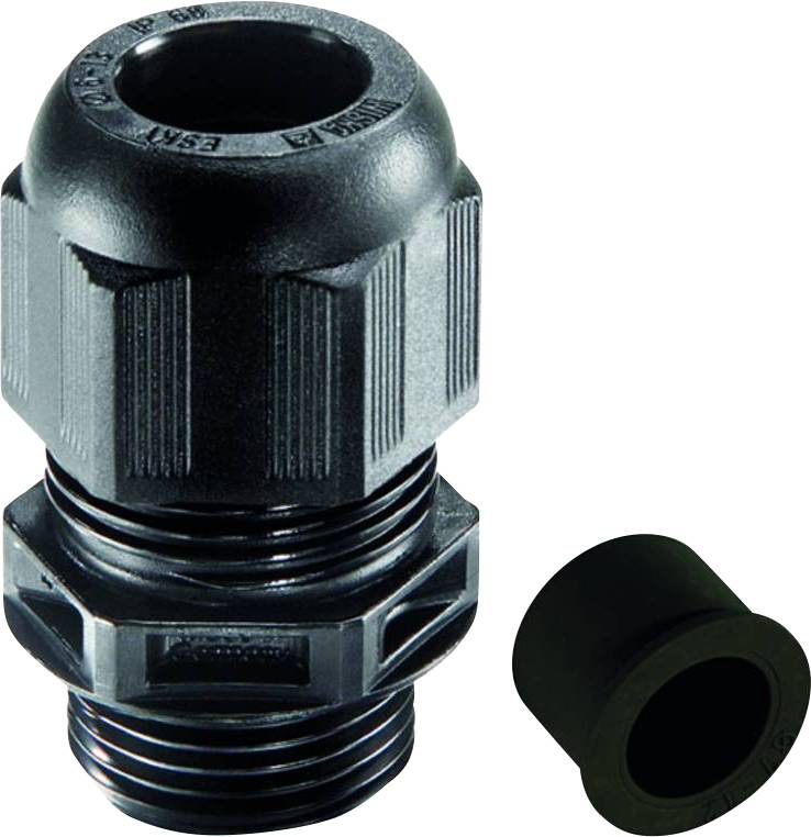 Kabelverschraubung in Schwarz mit zylindrischer Form, neben einem losen Dichtungselement. Verwendet zur Abdichtung und Fixierung von Kabeln.