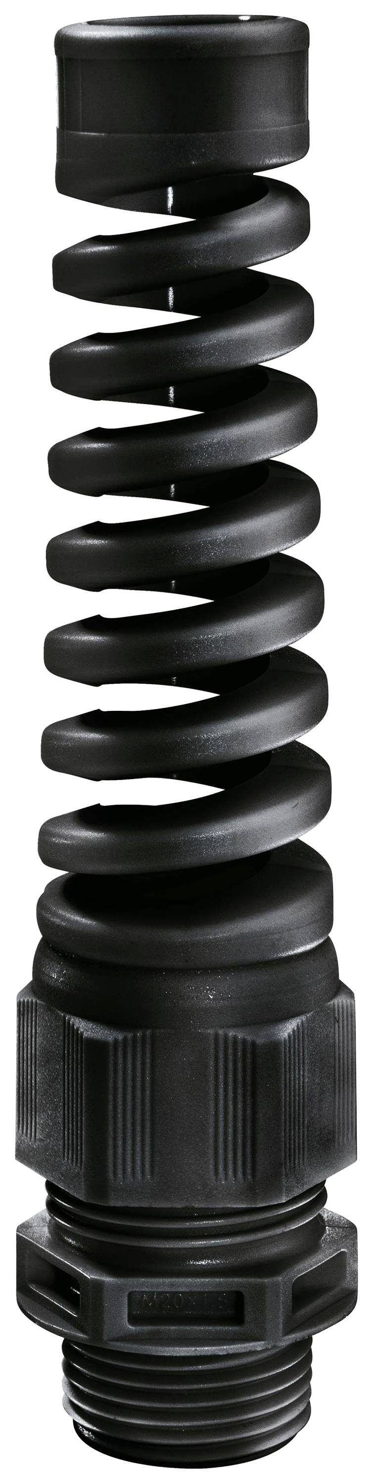 Die Abbildung zeigt eine schwarze spiralförmige Vorrichtung mit Gewinde, die vermutlich Teil eines mechanischen oder technischen Geräts ist.