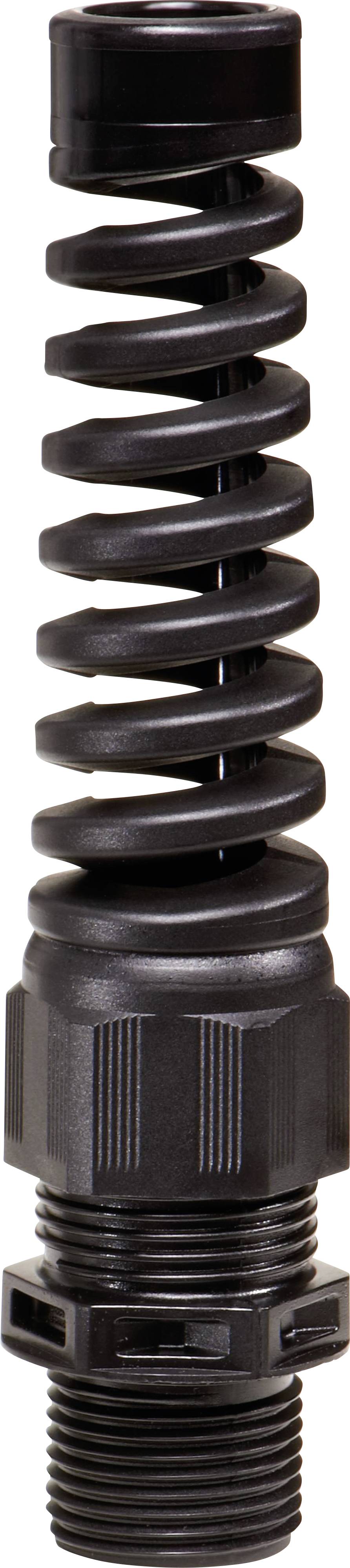 Schwarz lackiertes technisches Bauteil mit Spiralfeder und Gewinde, vertikal ausgerichtet, ohne sichtbare Funktionsdetails.