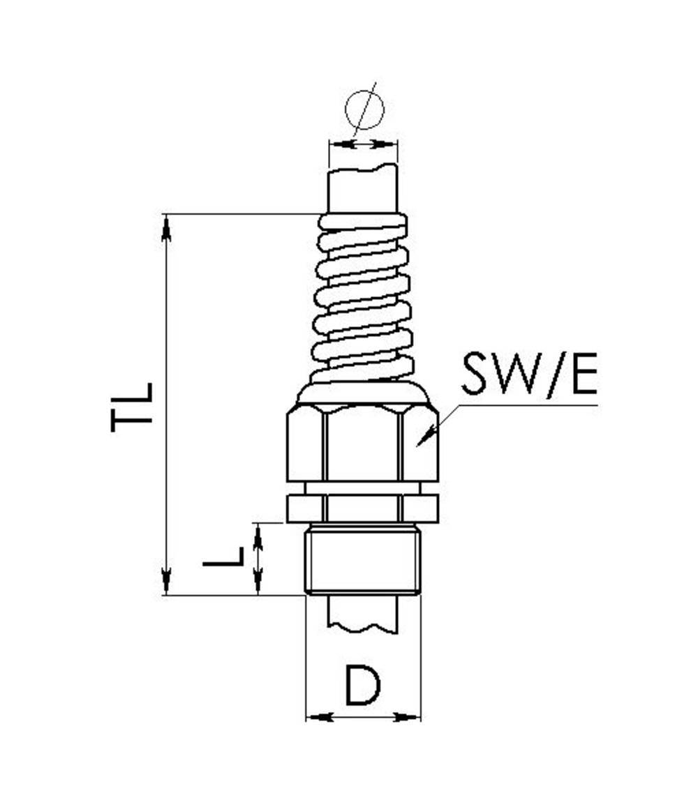 Technische Zeichnung einer Zündkerze mit Maßangaben: TL (Länge), SW/E (Schlüsselweite), D (Durchmesser).