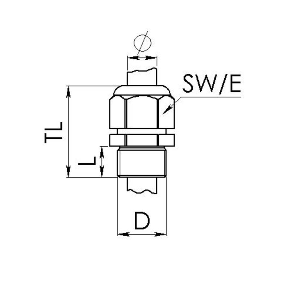 Technische Zeichnung von einer Sechskant-Schraubverbindung mit Maßangaben: TL (Gesamtlänge), D (Durchmesser) und SW/E (Schlüsselweite).