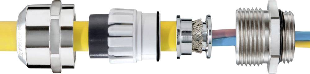 Zerlegter Aufbau eines Kabelverschraubungssystems mit gelbem Kabel: Verschraubungsteil, Dichtungsring, Schutzmechanismus und Anschlussstück.