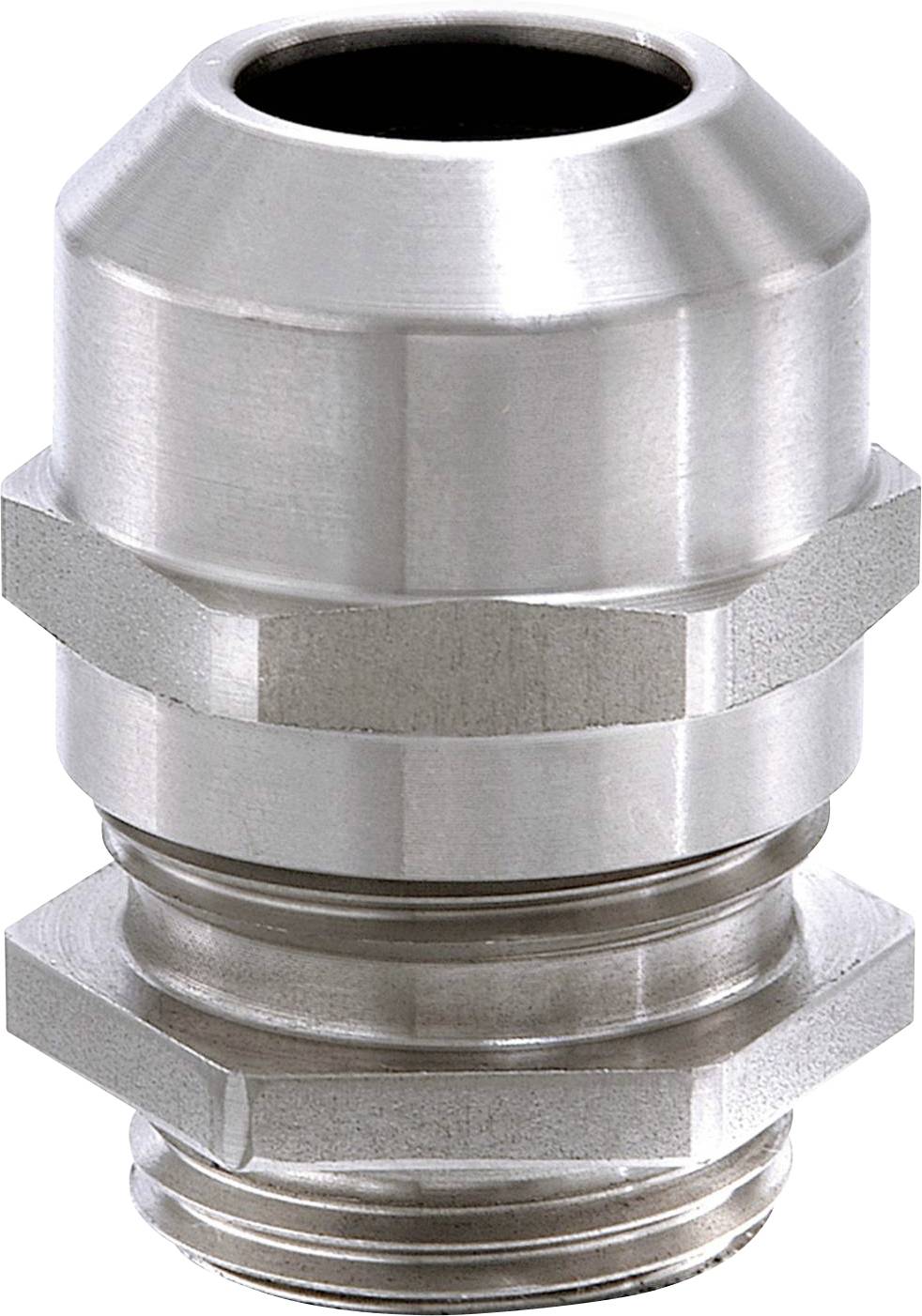 Metallische Kabelverschraubung, zylindrische Form, geeignet zur mechanischen Fixierung und Abdichtung von Kabeln in industriellen Anwendungen.