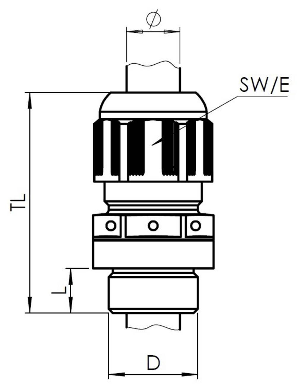 Technische Zeichnung eines zylindrischen Bauteils mit Markierungen für 'TL', 'D' und 'SW/E', zeigt Maße und Strukturdetails.