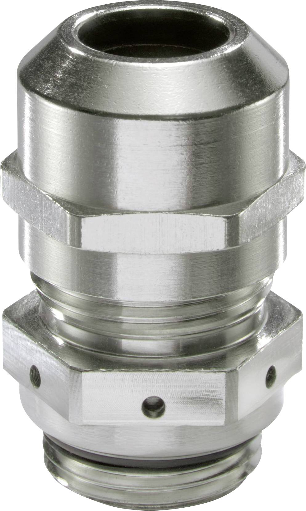 Ein metallener Kabelverschraubungsstecker, zylindrisch geformt, mit mehreren Gewindeschichten und glatter Oberfläche.