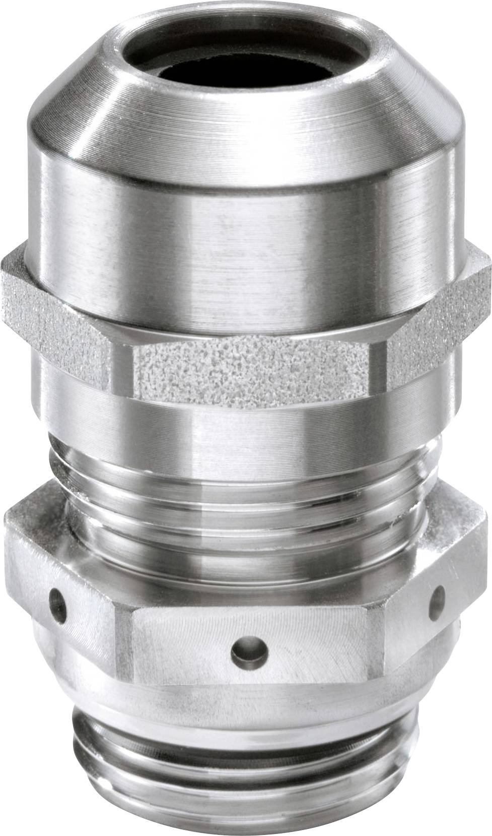 Metallischer Verschluss oder Kabeleinführung mit mehreren Gewinden und einer Öffnung oben, geeignet für industrielle Anwendungen.