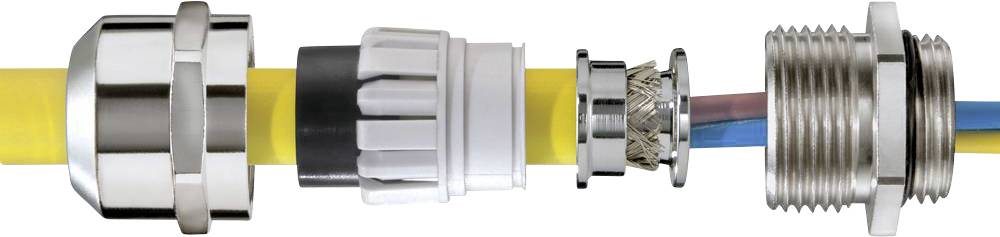 Montage eines mehrteiligen Kabelverschraubungssystems, das ein gelbes Kabel umfasst; zeigt Einzelteile und deren Anwendung.