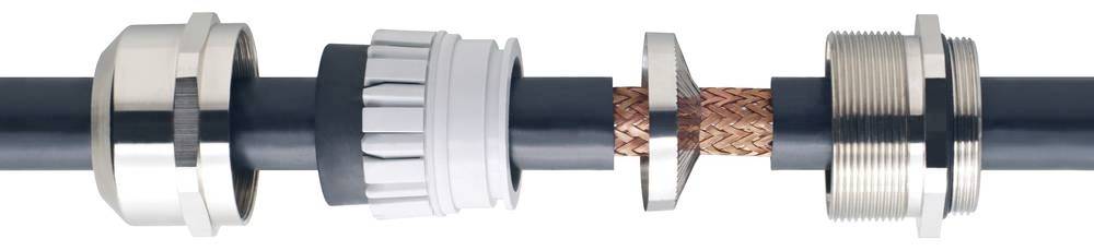 Zerlegte Kabelverschraubung mit Metallteilen zeigt Schichten und Innenleitung eines Kabels zur optimalen Abdichtung und Fixierung.