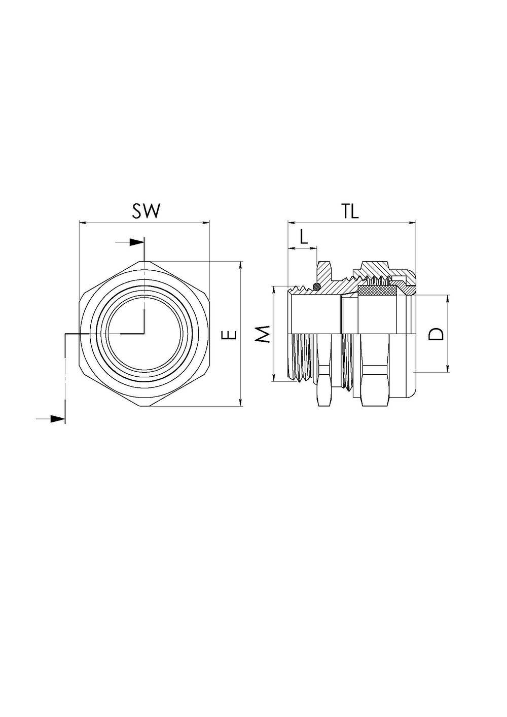 Technische Zeichnung eines sechseckigen Steckers mit Gewinde, Längen- und Breitenangaben. Beschriftet mit SW, L, TL, E, M, D.