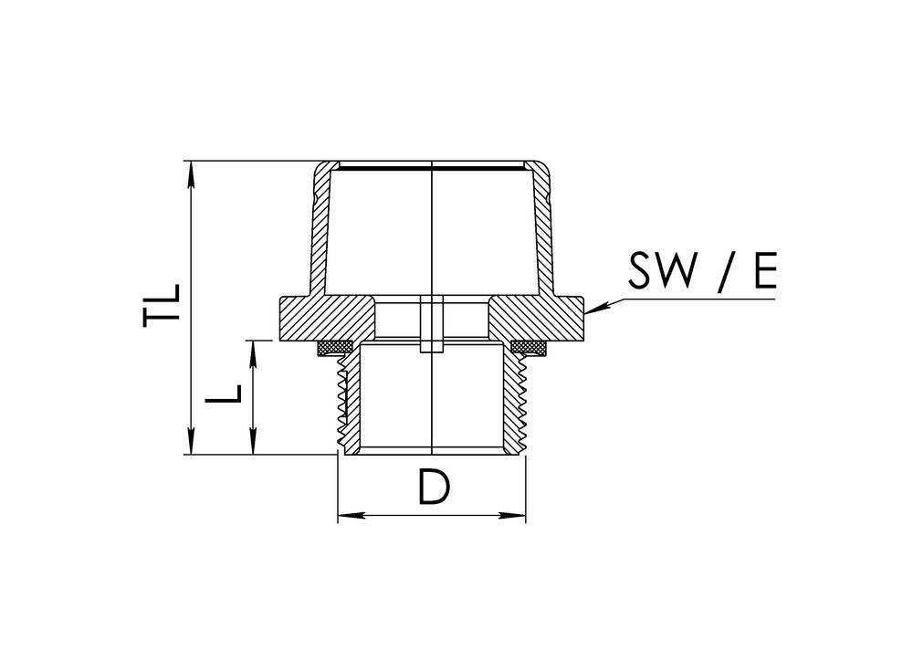 Technische Zeichnung eines Bauteils mit Maßen: 'TL', 'L', 'D', 'SW/E'. Querschnittsansicht mit Gewinde- und Dichtungsdetails.
