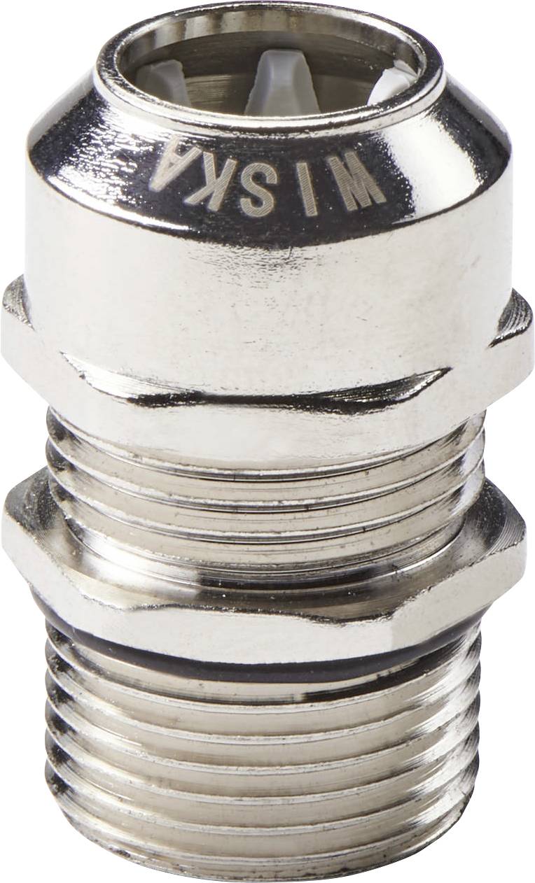 Metallene Kabelverschraubung mit Gewinde und Dichtung, Aufschrift 'MASKW' sichtbar auf der Oberfläche. Geeignet zur Verwendung in elektrischen Gehäusen.