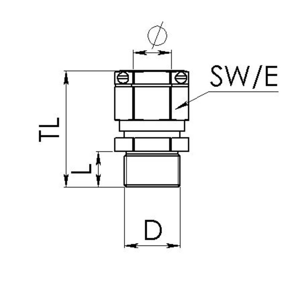 Technische Zeichnung eines zylindrischen Bauteils mit Maßen TL, L, D und Angabe SW/E; zeigt Seitenansicht mit markierten Dimensionen.