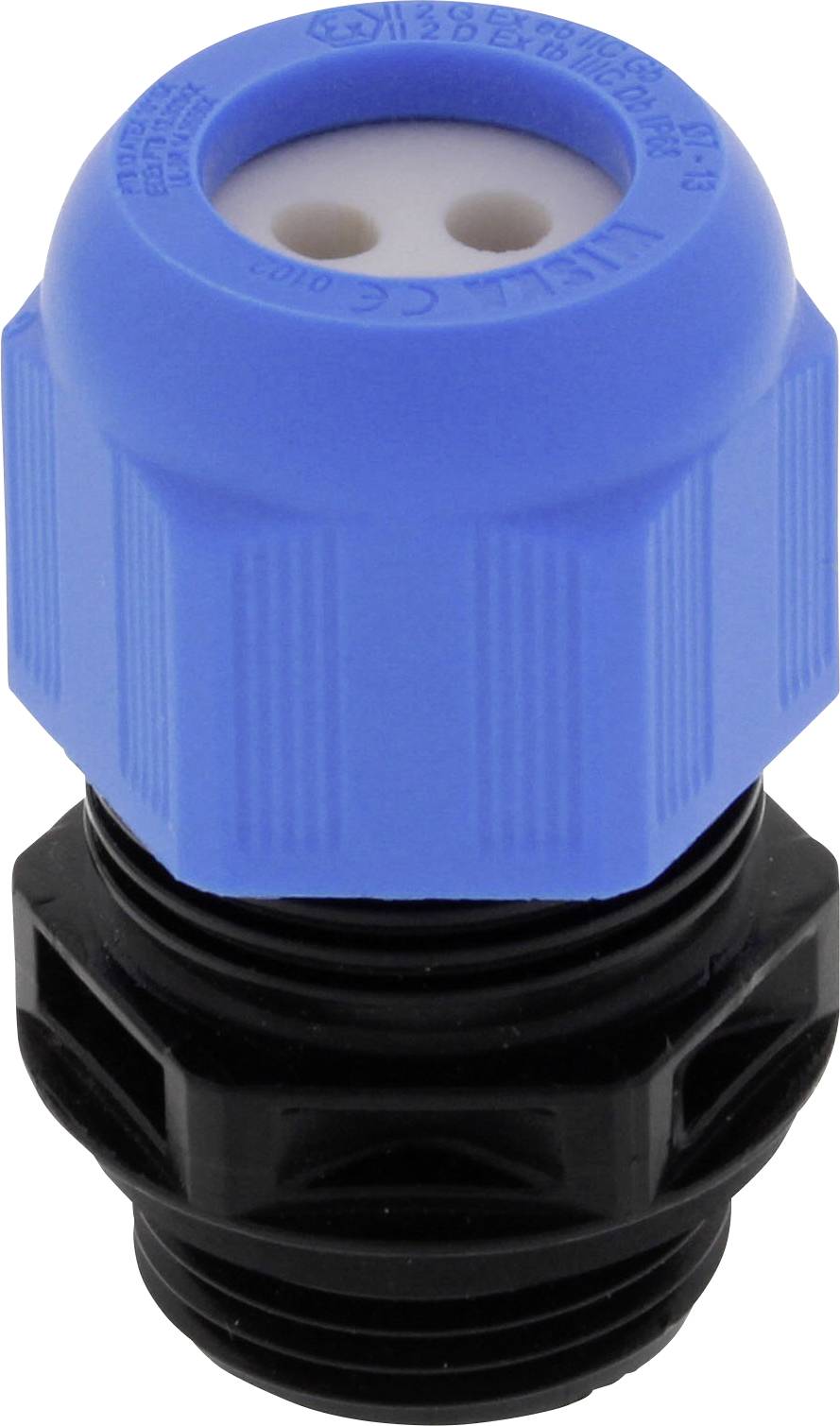Ein blauer Kabelverschraubungskopf aus Kunststoff, kompatibel mit einer schwarzen Basis, zylindrische Form.