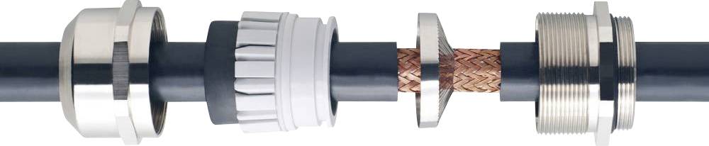 Zwei Kabelenden mit Steckverbindern und Geflecht im Inneren. Links ist ein metallischer Stecker, rechts ein geripptes Kunststoffteil.