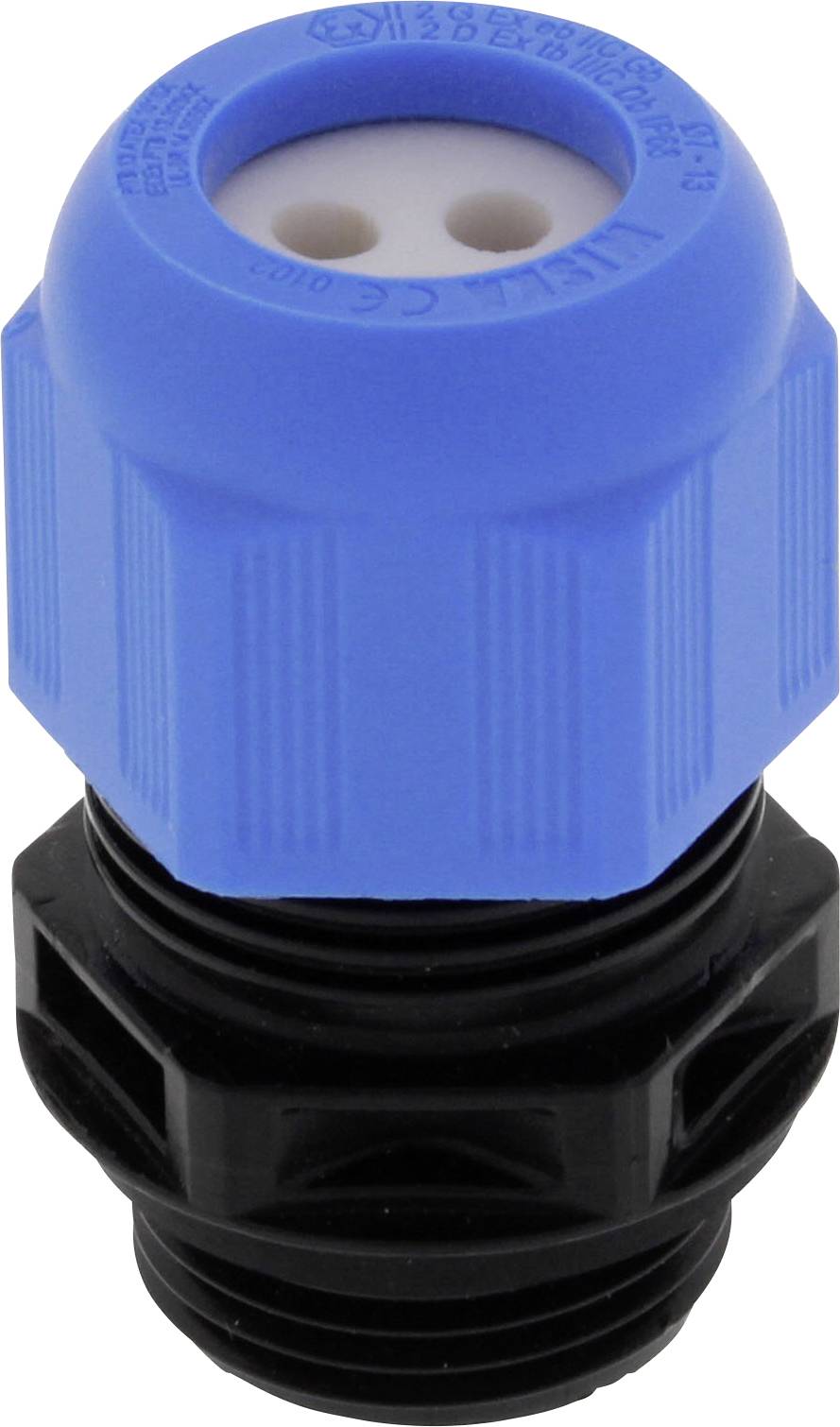 Ein blauer Kabelverschraubungskopf mit schwarzer Basis für elektrische Anwendungen, bestehend aus Kunststoff, zylindrische Form.
