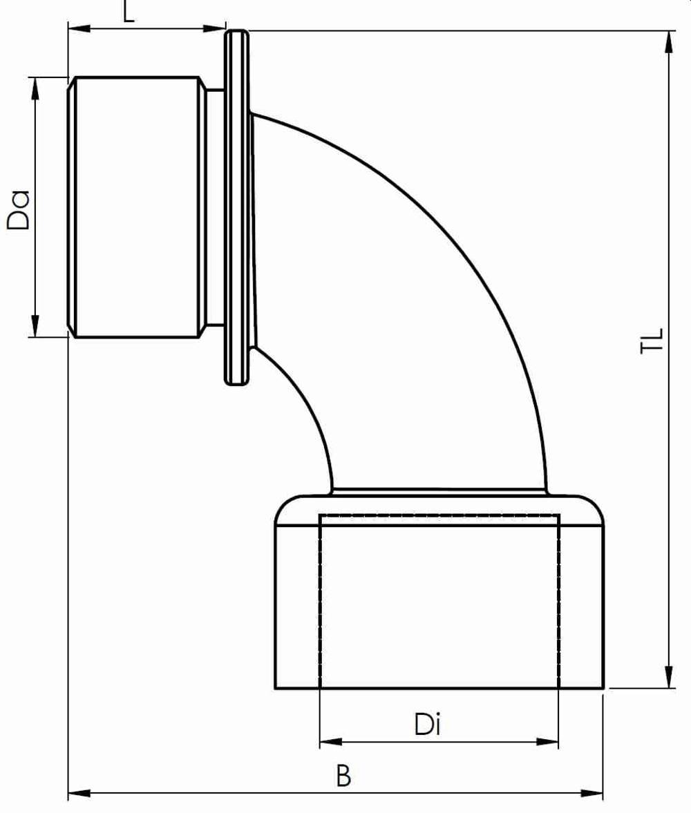 Technische Zeichnung eines Rohrbogens mit Bemaßungen: Da (Außendurchmesser), Di (Innendurchmesser), TL (Länge), B (Breite).