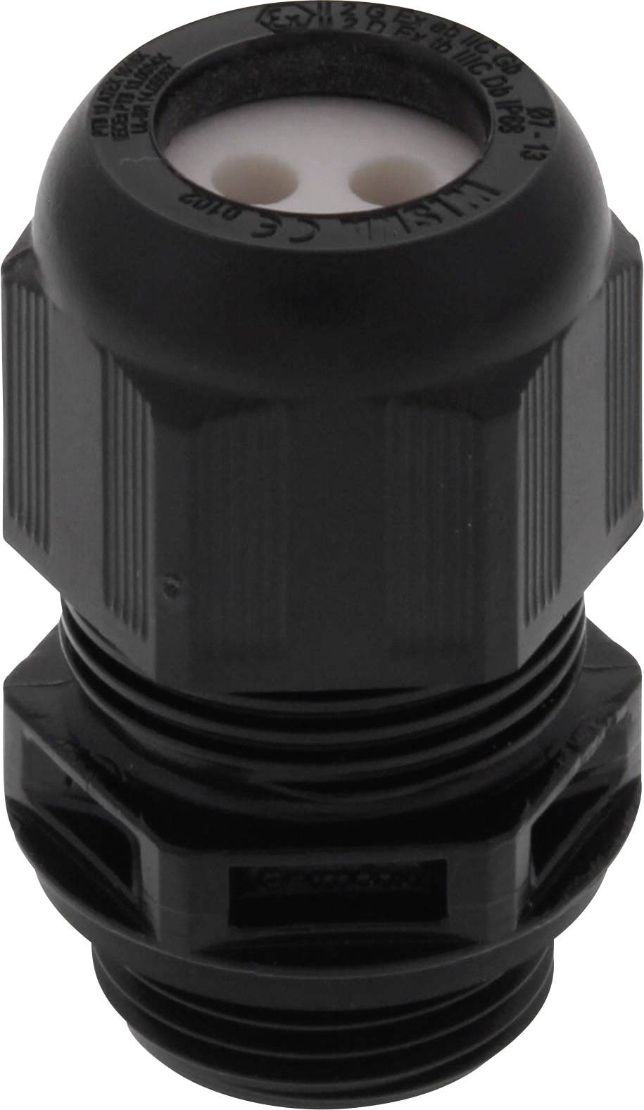 Schwarzer Kabeldurchlass aus Kunststoff mit Gewinde, zum Abdichten und Schützen von Kabeln beim Durchführen durch Gehäusewände.