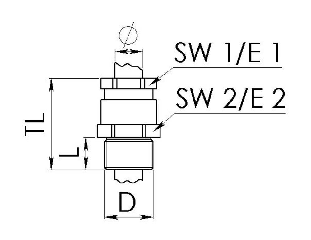 Technische Zeichnung eines Verbindungsstücks mit den Markierungen 'SW 1/E 1', 'SW 2/E 2', und den Maßen TL, L, D.