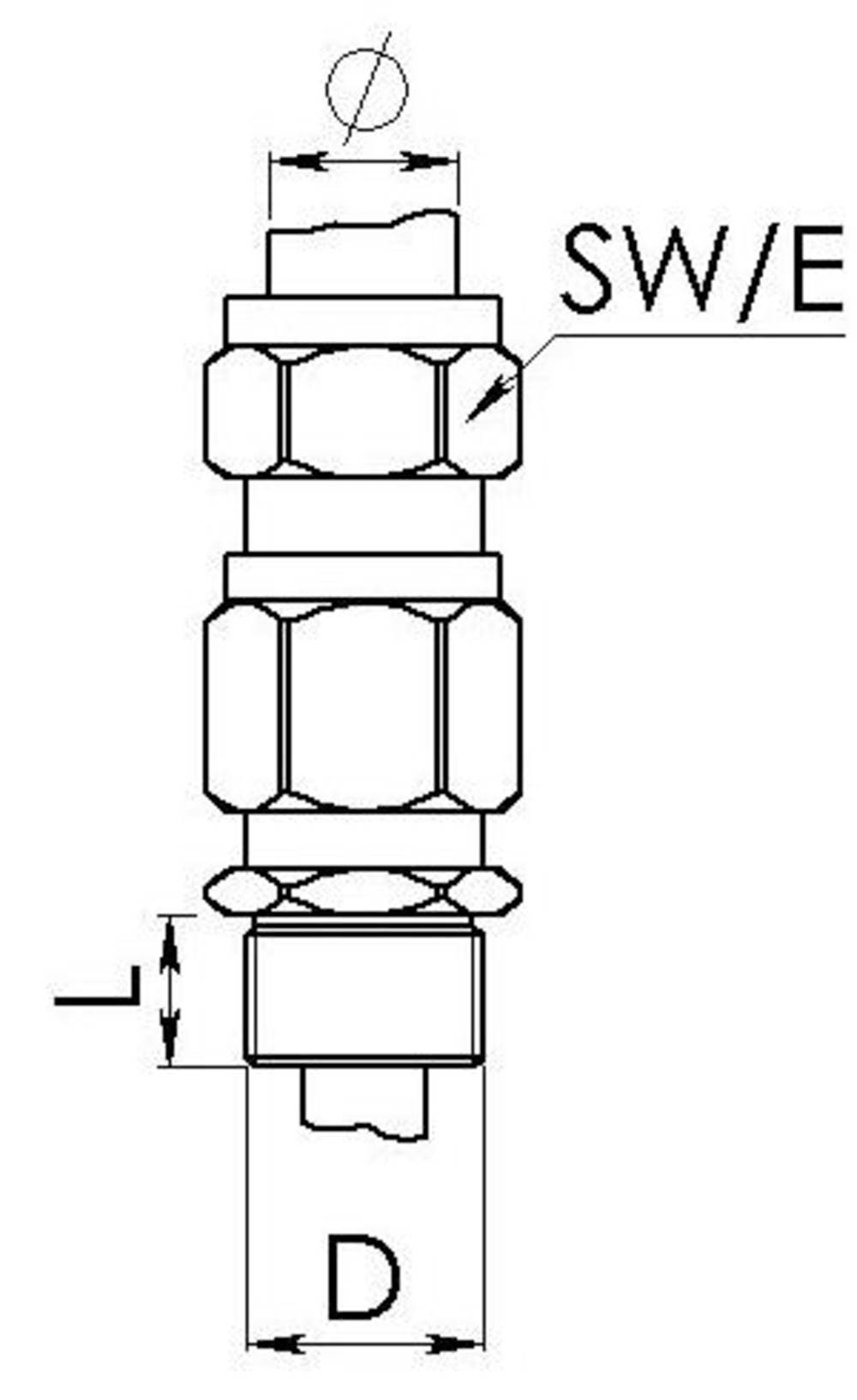 Technische Zeichnung eines zylindrischen Bauteils mit Gewinde und Beschriftung 'SW/E' zur Angabe der Schlüsselweite.