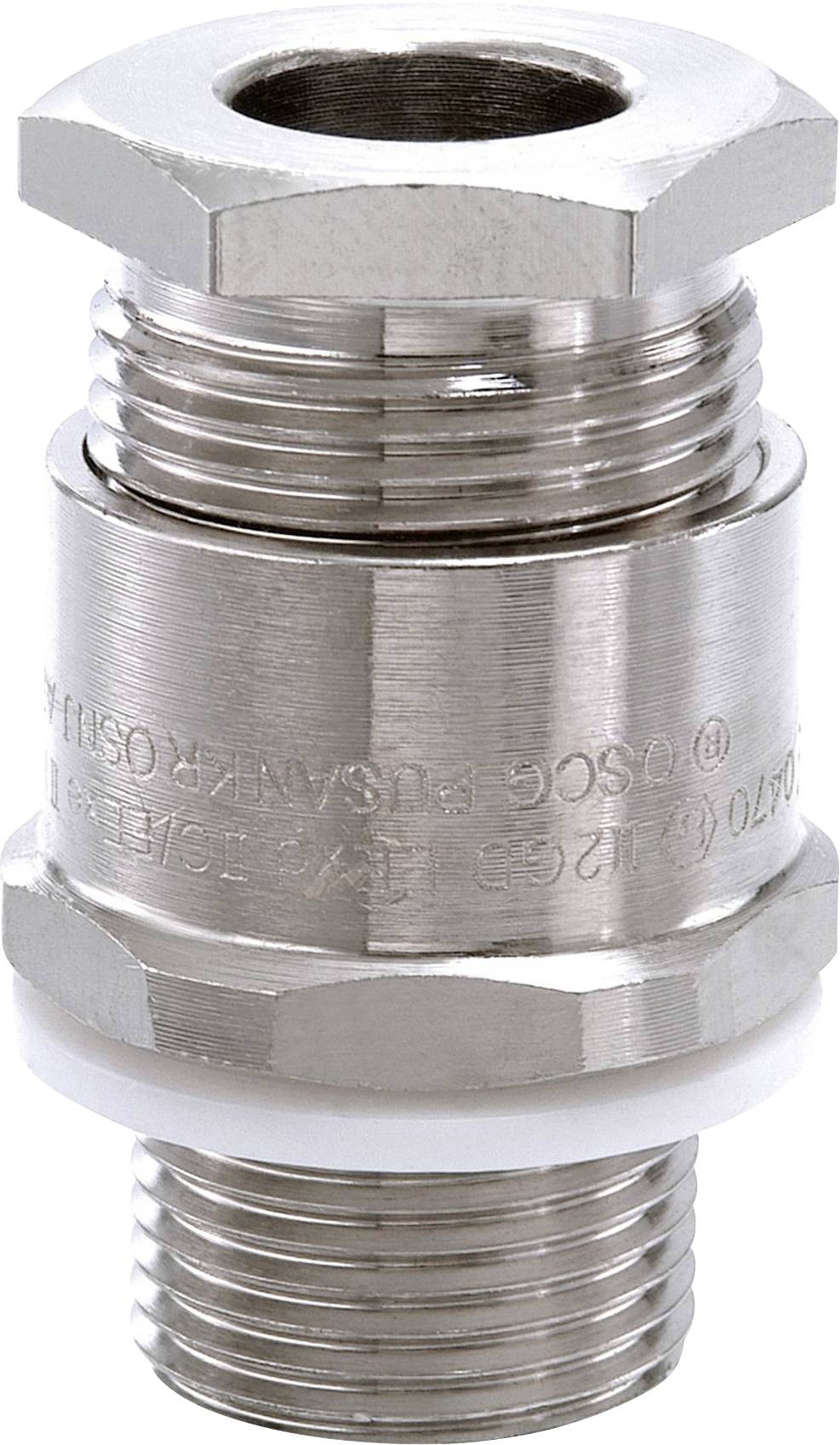 Metalladapter mit Gewinde auf beiden Seiten; oft in Sanitärinstallationen verwendet. Silberfarbene Oberfläche, zylindrische Form.