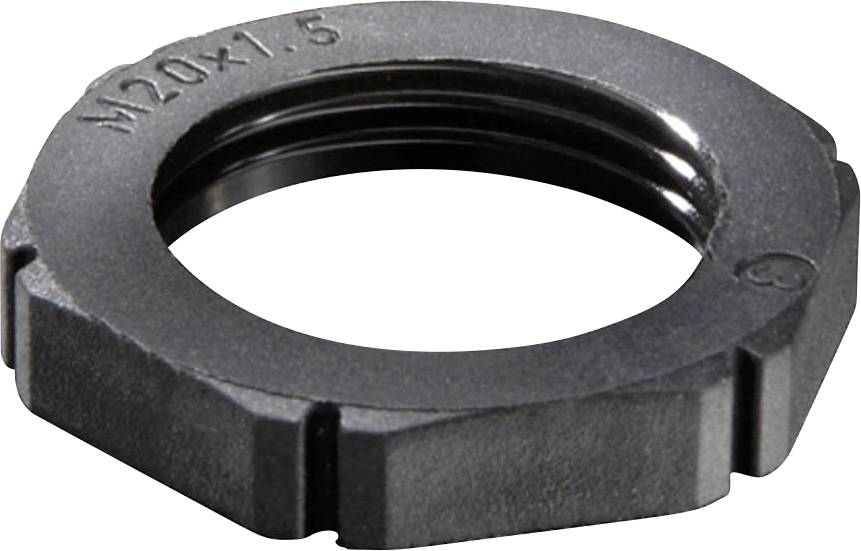 Schwarze Sechskantmutter mit Innengewinde, markiert mit 'M20x1.5', geeignet für Gewindeverbindungen.