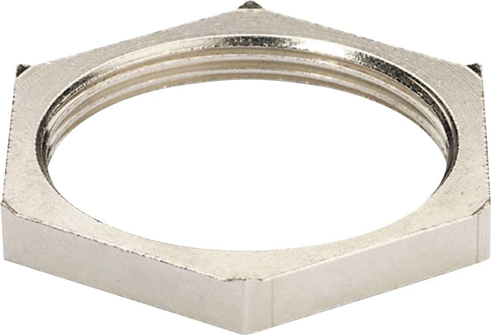 Sechskantmutter aus Metall mit Innengewinde, goldfarben. Verwendet, um Schrauben oder Bolzen zu sichern.