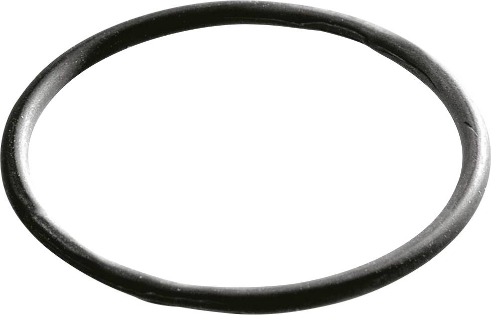 Ein schwarzer O-Ring aus Gummi auf weißem Hintergrund. Der O-Ring ist rund und flach, typischerweise verwendet für Abdichtungen.