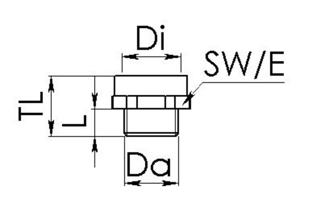 Technische Zeichnung eines Teils mit Beschriftungen: SW/E (Schlüsselweite/Ende), Da (Durchmesser außen), Di (Durchmesser innen), TL (Tiefe).