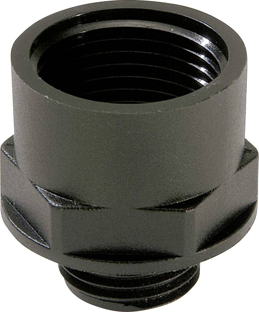 Schwarze Metallmuffe mit Gewinde, zylindrische Form, für Verbindungen in Rohrsystemen geeignet.