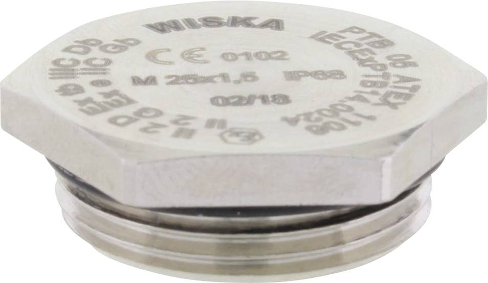Sechskantstopfen aus Metall mit Aufschrift 'WISKA' und technischen Spezifikationen wie Schutzart IP68 und Gewindegröße M25x1,5.